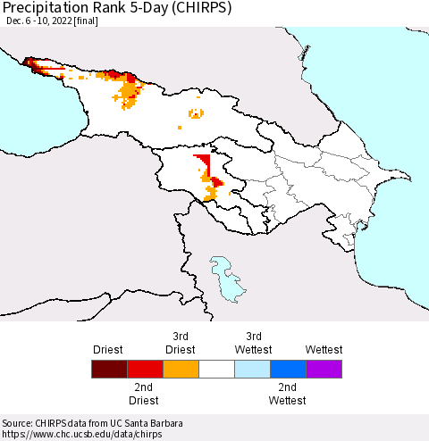 Azerbaijan, Armenia and Georgia Precipitation Rank since 1981, 5-Day (CHIRPS) Thematic Map For 12/6/2022 - 12/10/2022