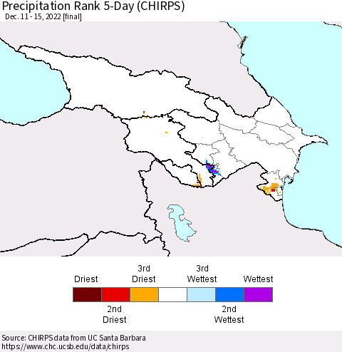 Azerbaijan, Armenia and Georgia Precipitation Rank since 1981, 5-Day (CHIRPS) Thematic Map For 12/11/2022 - 12/15/2022