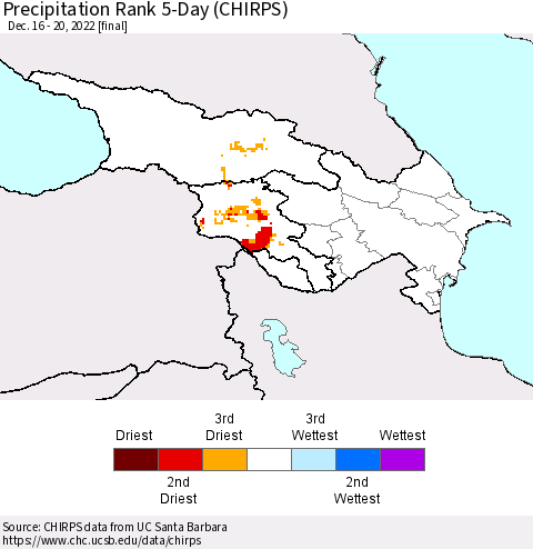 Azerbaijan, Armenia and Georgia Precipitation Rank since 1981, 5-Day (CHIRPS) Thematic Map For 12/16/2022 - 12/20/2022