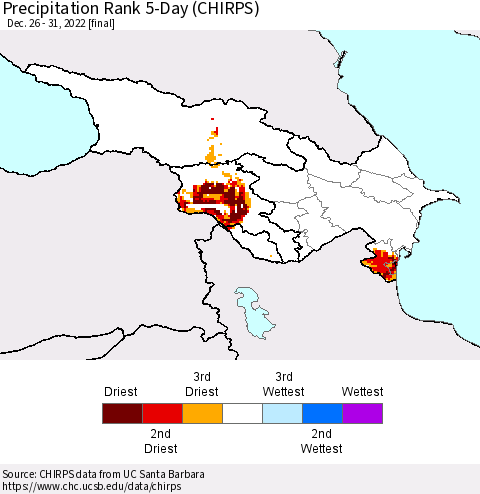 Azerbaijan, Armenia and Georgia Precipitation Rank since 1981, 5-Day (CHIRPS) Thematic Map For 12/26/2022 - 12/31/2022