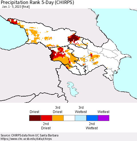 Azerbaijan, Armenia and Georgia Precipitation Rank since 1981, 5-Day (CHIRPS) Thematic Map For 1/1/2023 - 1/5/2023