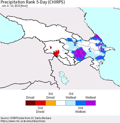 Azerbaijan, Armenia and Georgia Precipitation Rank since 1981, 5-Day (CHIRPS) Thematic Map For 1/6/2023 - 1/10/2023