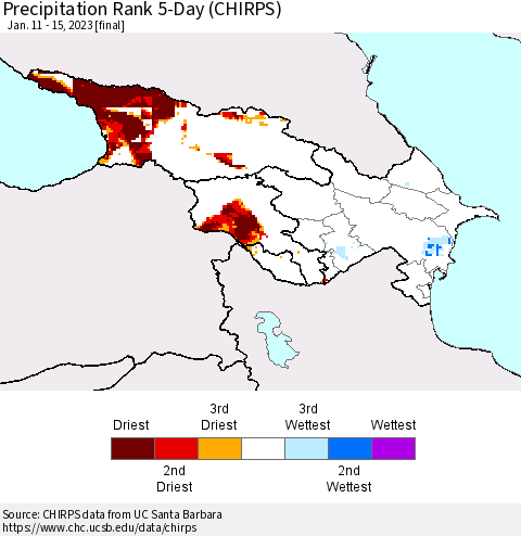 Azerbaijan, Armenia and Georgia Precipitation Rank since 1981, 5-Day (CHIRPS) Thematic Map For 1/11/2023 - 1/15/2023