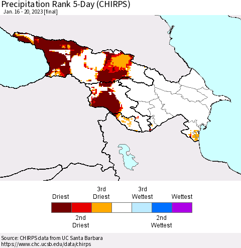 Azerbaijan, Armenia and Georgia Precipitation Rank since 1981, 5-Day (CHIRPS) Thematic Map For 1/16/2023 - 1/20/2023