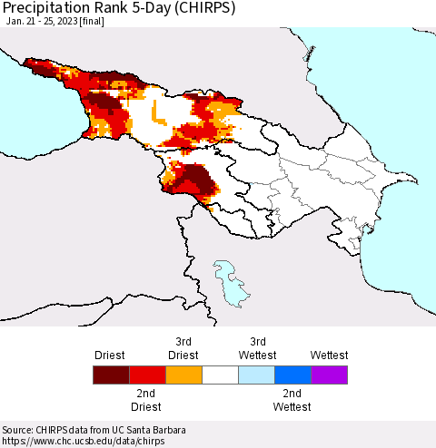 Azerbaijan, Armenia and Georgia Precipitation Rank since 1981, 5-Day (CHIRPS) Thematic Map For 1/21/2023 - 1/25/2023