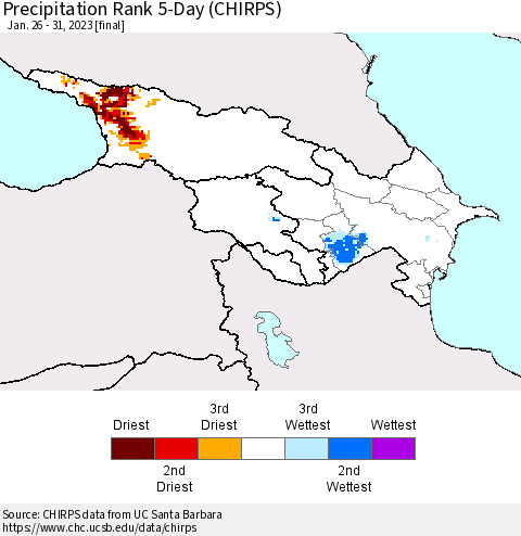 Azerbaijan, Armenia and Georgia Precipitation Rank since 1981, 5-Day (CHIRPS) Thematic Map For 1/26/2023 - 1/31/2023