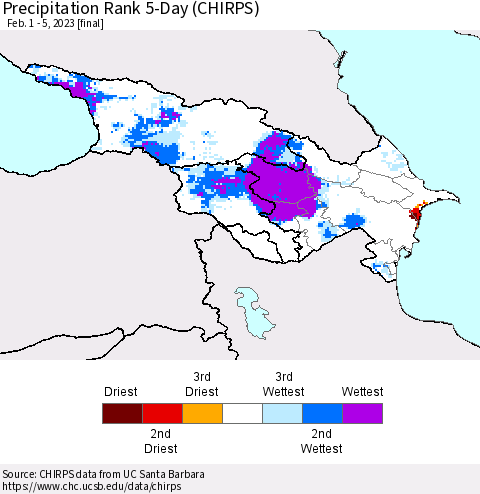 Azerbaijan, Armenia and Georgia Precipitation Rank since 1981, 5-Day (CHIRPS) Thematic Map For 2/1/2023 - 2/5/2023