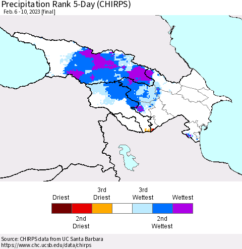 Azerbaijan, Armenia and Georgia Precipitation Rank since 1981, 5-Day (CHIRPS) Thematic Map For 2/6/2023 - 2/10/2023