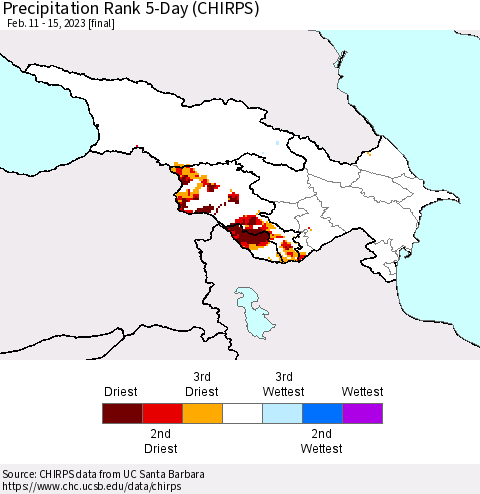 Azerbaijan, Armenia and Georgia Precipitation Rank since 1981, 5-Day (CHIRPS) Thematic Map For 2/11/2023 - 2/15/2023