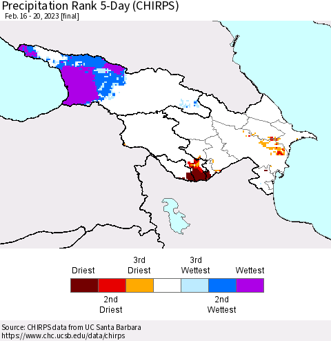 Azerbaijan, Armenia and Georgia Precipitation Rank since 1981, 5-Day (CHIRPS) Thematic Map For 2/16/2023 - 2/20/2023