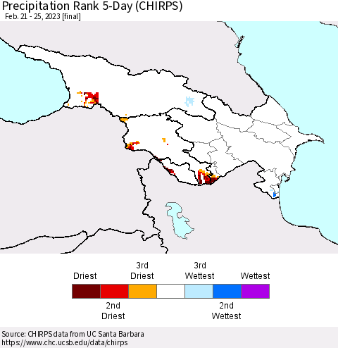 Azerbaijan, Armenia and Georgia Precipitation Rank since 1981, 5-Day (CHIRPS) Thematic Map For 2/21/2023 - 2/25/2023