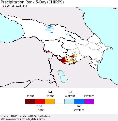 Azerbaijan, Armenia and Georgia Precipitation Rank since 1981, 5-Day (CHIRPS) Thematic Map For 2/26/2023 - 2/28/2023