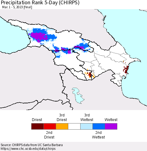 Azerbaijan, Armenia and Georgia Precipitation Rank since 1981, 5-Day (CHIRPS) Thematic Map For 3/1/2023 - 3/5/2023