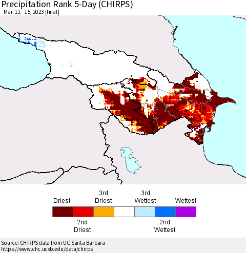 Azerbaijan, Armenia and Georgia Precipitation Rank since 1981, 5-Day (CHIRPS) Thematic Map For 3/11/2023 - 3/15/2023