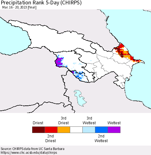Azerbaijan, Armenia and Georgia Precipitation Rank since 1981, 5-Day (CHIRPS) Thematic Map For 3/16/2023 - 3/20/2023