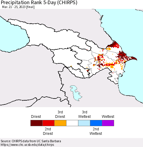 Azerbaijan, Armenia and Georgia Precipitation Rank since 1981, 5-Day (CHIRPS) Thematic Map For 3/21/2023 - 3/25/2023