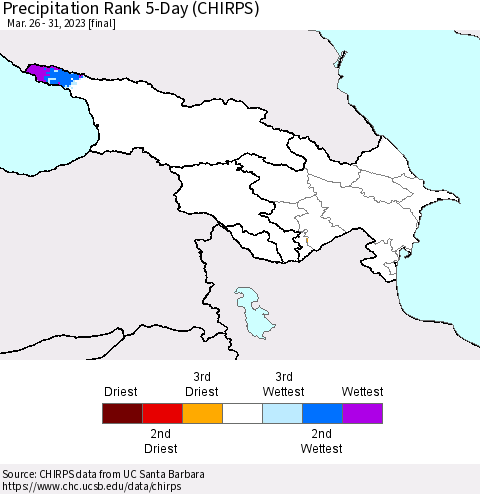 Azerbaijan, Armenia and Georgia Precipitation Rank since 1981, 5-Day (CHIRPS) Thematic Map For 3/26/2023 - 3/31/2023