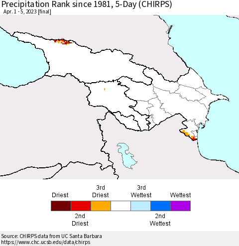 Azerbaijan, Armenia and Georgia Precipitation Rank since 1981, 5-Day (CHIRPS) Thematic Map For 4/1/2023 - 4/5/2023
