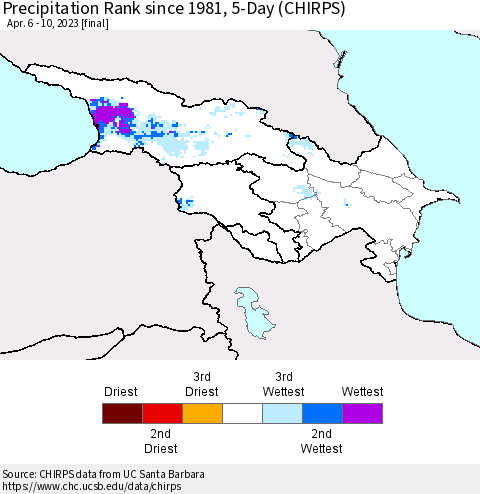 Azerbaijan, Armenia and Georgia Precipitation Rank since 1981, 5-Day (CHIRPS) Thematic Map For 4/6/2023 - 4/10/2023
