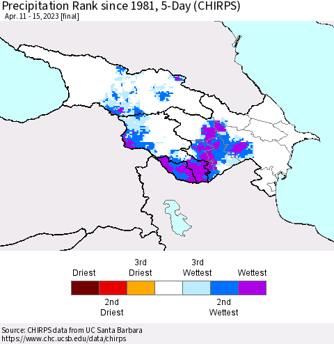 Azerbaijan, Armenia and Georgia Precipitation Rank since 1981, 5-Day (CHIRPS) Thematic Map For 4/11/2023 - 4/15/2023