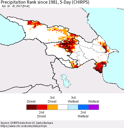 Azerbaijan, Armenia and Georgia Precipitation Rank since 1981, 5-Day (CHIRPS) Thematic Map For 4/16/2023 - 4/20/2023