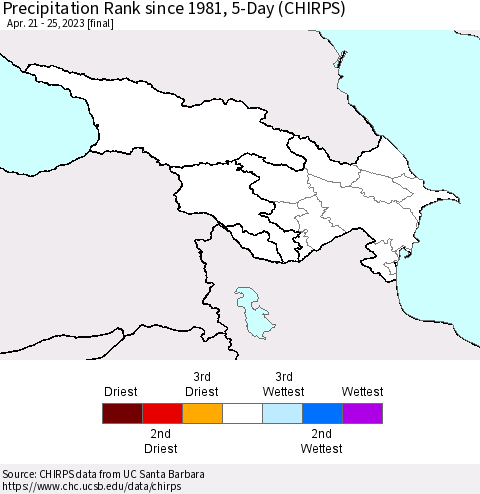 Azerbaijan, Armenia and Georgia Precipitation Rank since 1981, 5-Day (CHIRPS) Thematic Map For 4/21/2023 - 4/25/2023