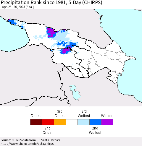 Azerbaijan, Armenia and Georgia Precipitation Rank since 1981, 5-Day (CHIRPS) Thematic Map For 4/26/2023 - 4/30/2023