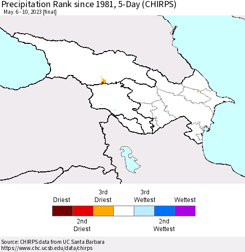 Azerbaijan, Armenia and Georgia Precipitation Rank since 1981, 5-Day (CHIRPS) Thematic Map For 5/6/2023 - 5/10/2023