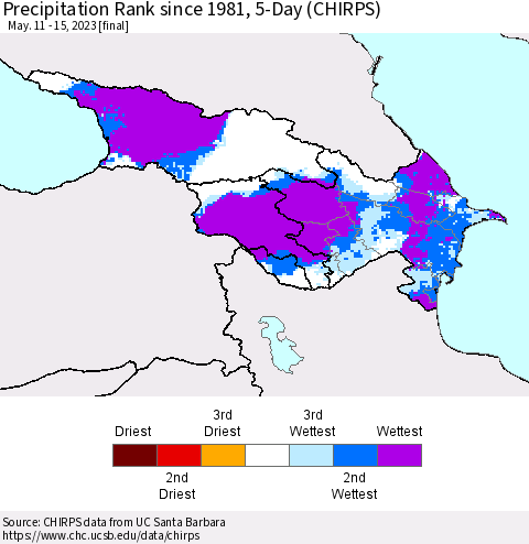 Azerbaijan, Armenia and Georgia Precipitation Rank since 1981, 5-Day (CHIRPS) Thematic Map For 5/11/2023 - 5/15/2023