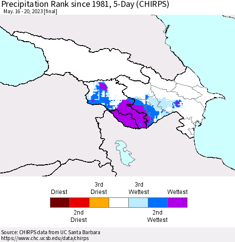 Azerbaijan, Armenia and Georgia Precipitation Rank since 1981, 5-Day (CHIRPS) Thematic Map For 5/16/2023 - 5/20/2023