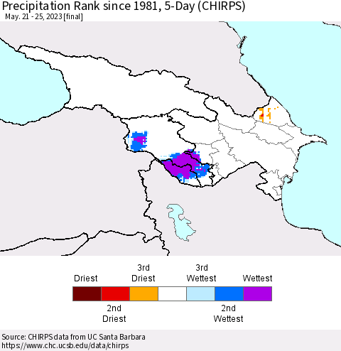 Azerbaijan, Armenia and Georgia Precipitation Rank since 1981, 5-Day (CHIRPS) Thematic Map For 5/21/2023 - 5/25/2023