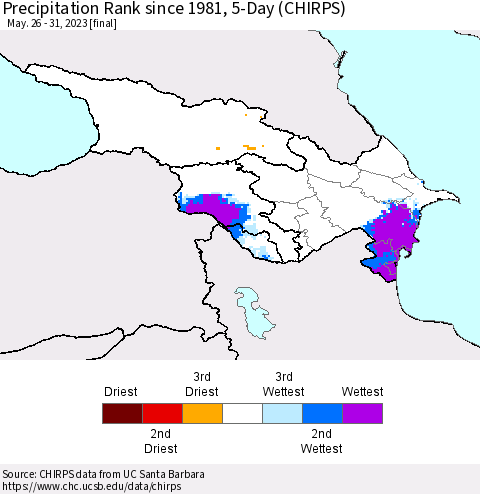 Azerbaijan, Armenia and Georgia Precipitation Rank since 1981, 5-Day (CHIRPS) Thematic Map For 5/26/2023 - 5/31/2023