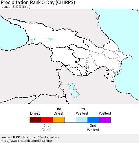 Azerbaijan, Armenia and Georgia Precipitation Rank since 1981, 5-Day (CHIRPS) Thematic Map For 6/1/2023 - 6/5/2023
