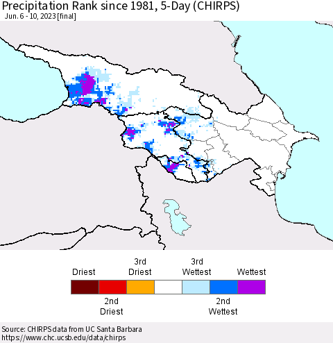 Azerbaijan, Armenia and Georgia Precipitation Rank since 1981, 5-Day (CHIRPS) Thematic Map For 6/6/2023 - 6/10/2023