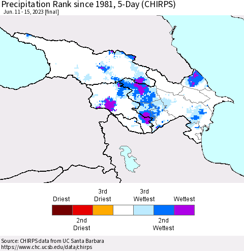 Azerbaijan, Armenia and Georgia Precipitation Rank since 1981, 5-Day (CHIRPS) Thematic Map For 6/11/2023 - 6/15/2023
