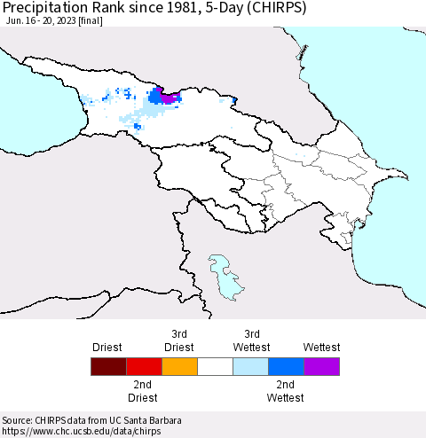 Azerbaijan, Armenia and Georgia Precipitation Rank since 1981, 5-Day (CHIRPS) Thematic Map For 6/16/2023 - 6/20/2023