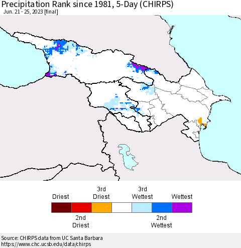 Azerbaijan, Armenia and Georgia Precipitation Rank since 1981, 5-Day (CHIRPS) Thematic Map For 6/21/2023 - 6/25/2023