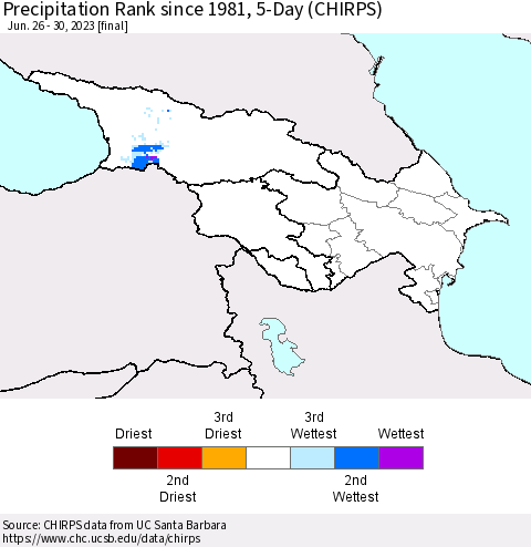Azerbaijan, Armenia and Georgia Precipitation Rank since 1981, 5-Day (CHIRPS) Thematic Map For 6/26/2023 - 6/30/2023