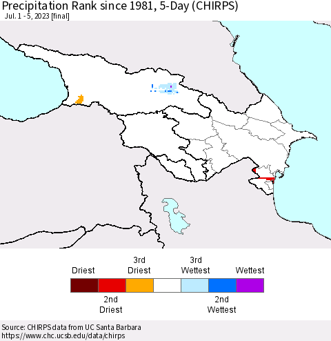 Azerbaijan, Armenia and Georgia Precipitation Rank since 1981, 5-Day (CHIRPS) Thematic Map For 7/1/2023 - 7/5/2023