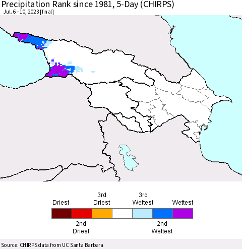 Azerbaijan, Armenia and Georgia Precipitation Rank since 1981, 5-Day (CHIRPS) Thematic Map For 7/6/2023 - 7/10/2023