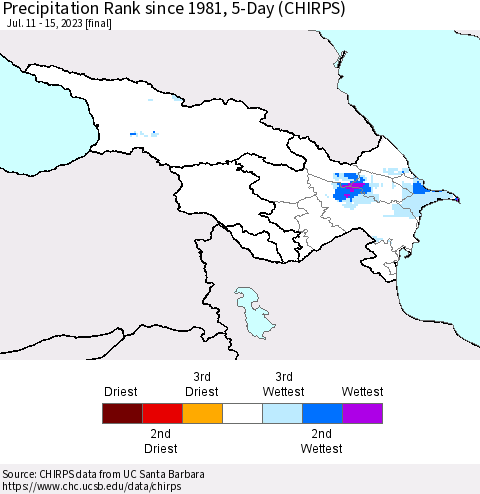Azerbaijan, Armenia and Georgia Precipitation Rank since 1981, 5-Day (CHIRPS) Thematic Map For 7/11/2023 - 7/15/2023