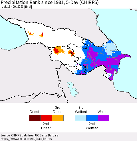 Azerbaijan, Armenia and Georgia Precipitation Rank since 1981, 5-Day (CHIRPS) Thematic Map For 7/16/2023 - 7/20/2023