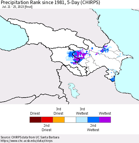 Azerbaijan, Armenia and Georgia Precipitation Rank since 1981, 5-Day (CHIRPS) Thematic Map For 7/21/2023 - 7/25/2023