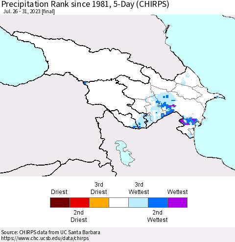 Azerbaijan, Armenia and Georgia Precipitation Rank since 1981, 5-Day (CHIRPS) Thematic Map For 7/26/2023 - 7/31/2023