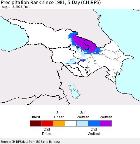 Azerbaijan, Armenia and Georgia Precipitation Rank since 1981, 5-Day (CHIRPS) Thematic Map For 8/1/2023 - 8/5/2023