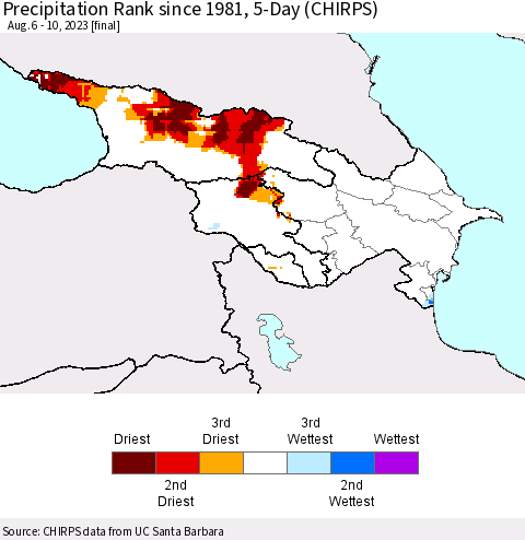 Azerbaijan, Armenia and Georgia Precipitation Rank since 1981, 5-Day (CHIRPS) Thematic Map For 8/6/2023 - 8/10/2023