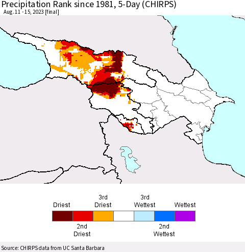 Azerbaijan, Armenia and Georgia Precipitation Rank since 1981, 5-Day (CHIRPS) Thematic Map For 8/11/2023 - 8/15/2023