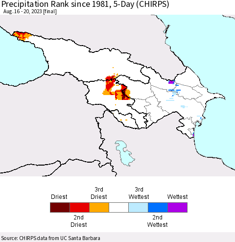 Azerbaijan, Armenia and Georgia Precipitation Rank since 1981, 5-Day (CHIRPS) Thematic Map For 8/16/2023 - 8/20/2023