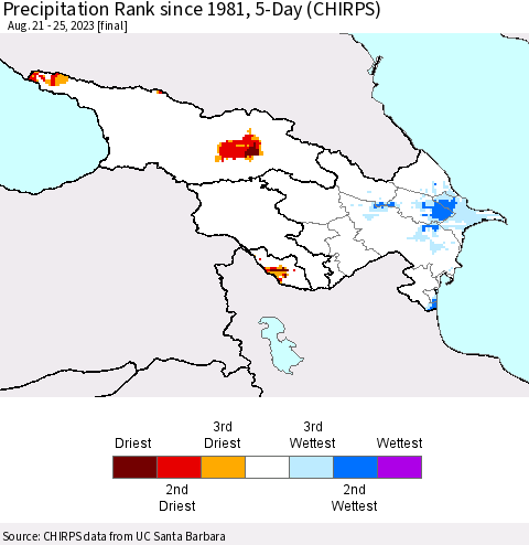 Azerbaijan, Armenia and Georgia Precipitation Rank since 1981, 5-Day (CHIRPS) Thematic Map For 8/21/2023 - 8/25/2023