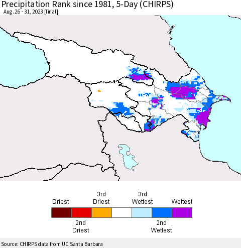 Azerbaijan, Armenia and Georgia Precipitation Rank since 1981, 5-Day (CHIRPS) Thematic Map For 8/26/2023 - 8/31/2023